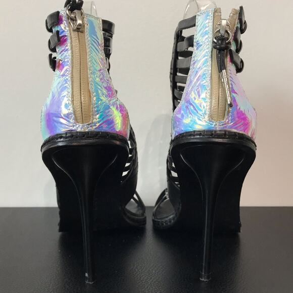 LAMB AB Rainbow Reflective Black Leather Cage Strappy High Heeled Sandals 7.5 - Picture 11 of 16